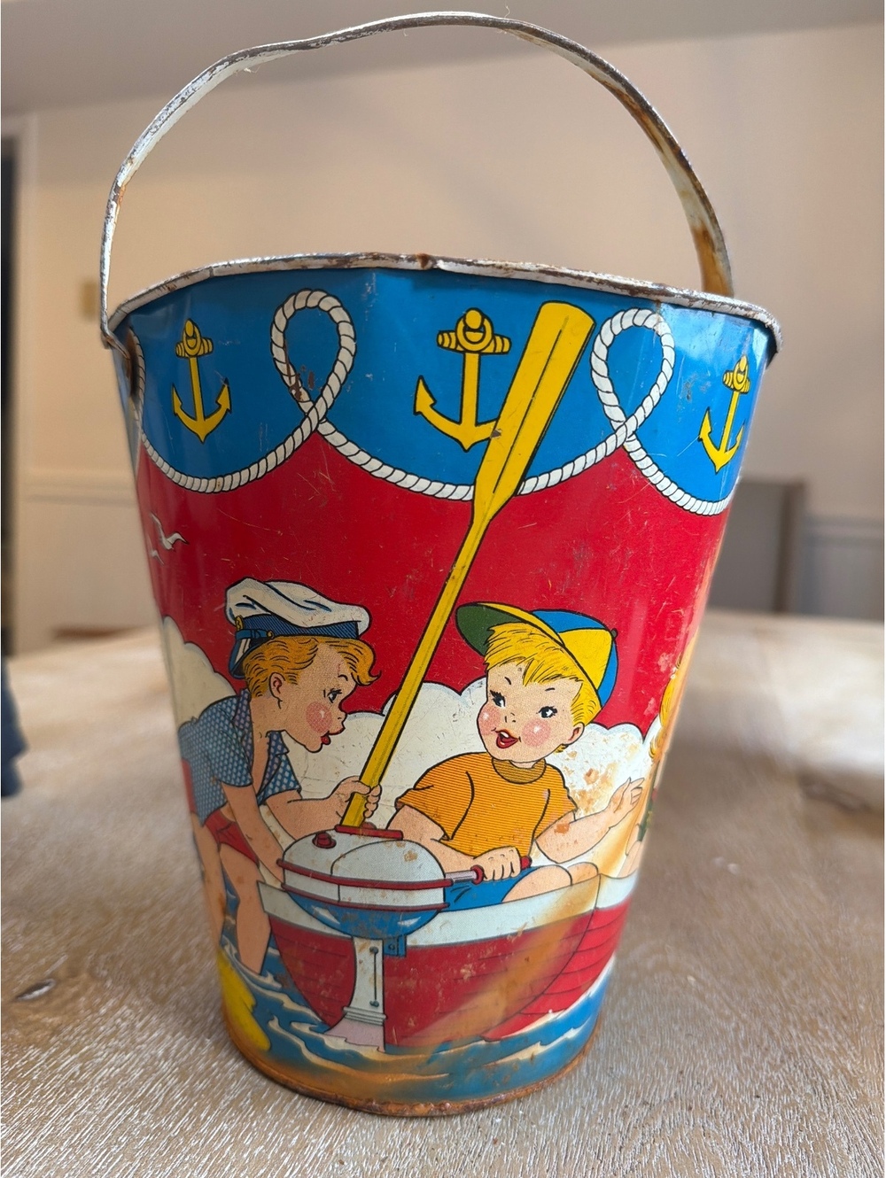 Rare Vtg Jumbo 8 Inch Ohio Art Metal Beach Bucket Outboard Motor Graphic
